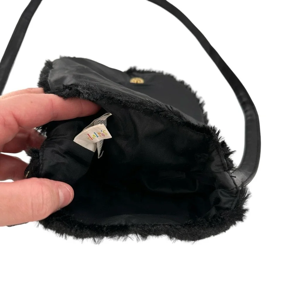 Vtg Retro Claires Club Furry Black Cat Crossbody‎ Purse Bag Kitty Sequin
